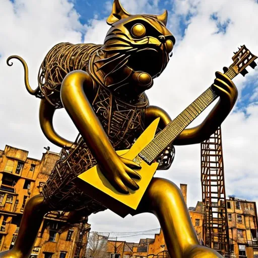 Prompt: giant rust streaked yellow metal statue of a giant cat playing guitar, in the style of M.C Escher, widescreen view, infinity vanishing point