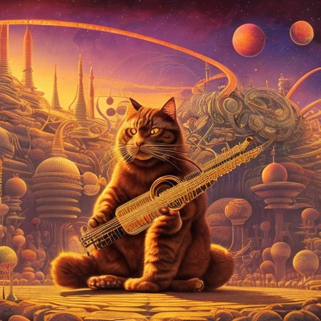 Prompt: panorama widescreen view of a giant cat playing a sitar, infinity vanishing point, in the style of Jacek Yerka