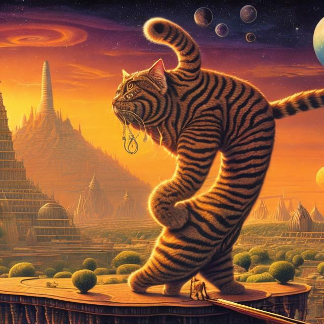 Prompt: panorama widescreen view of a giant cat playing a sitar, infinity vanishing point, in the style of Jacek Yerka