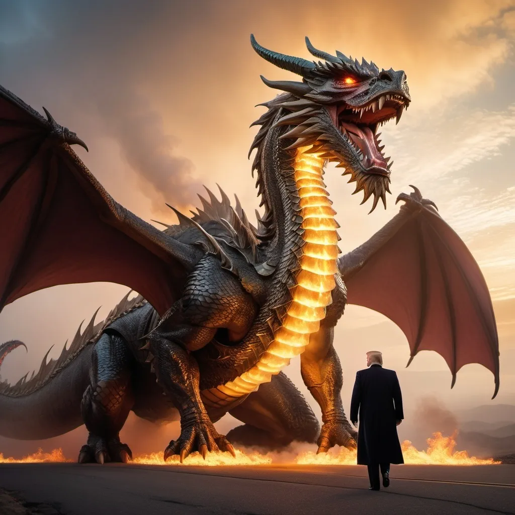 Prompt: Trump riding the biggest giant firebreathing armored war-dragon in the world, overhead golden hour lighting, foggy wide angle view, infinity vanishing point