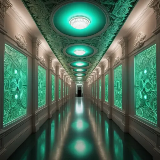 Prompt: surreal AI response, ornately detailed opal emerald bas relief hallway, overhead lighting shadows, wide angle view, infinity vanishing point