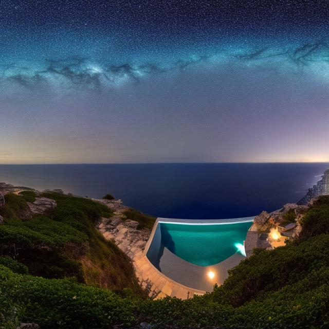 Prompt: panorama ocean view from cliffside infinity pool, starry night