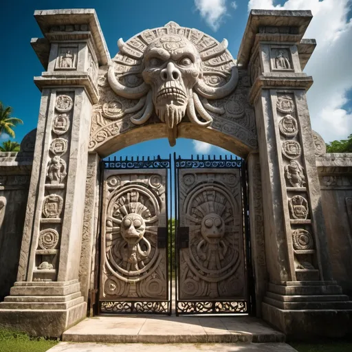 Prompt: in Belize, a giant ancient intricately detailed bas relief covered gate to the temple of cthulhu, overhead lighting shadows, wide angle view, infinity vanishing point