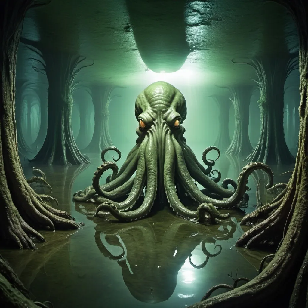 Prompt: giant swamp cthulu, overhead lighting, wide angle view, surreal background proportions, infinity vanishing point