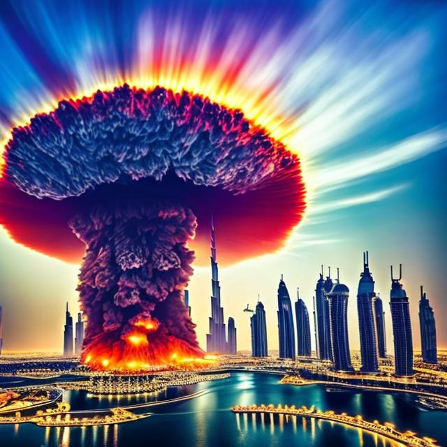 Prompt: dubai skyline, nuclear blast cloud background