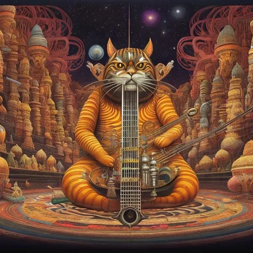 Prompt: panorama widescreen view of a giant emperor cat playing a sitar, infinity vanishing point, in the style of Jacek Yerka