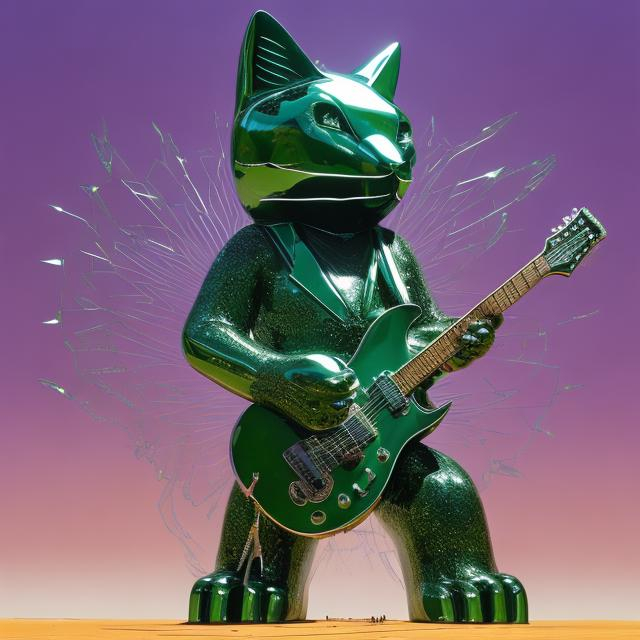 Prompt: ((((giant cat playing guitar) chrome statue inlaid with emeralds) in the style of Jakub Różalski) infinity vanishing point) wide perspective view