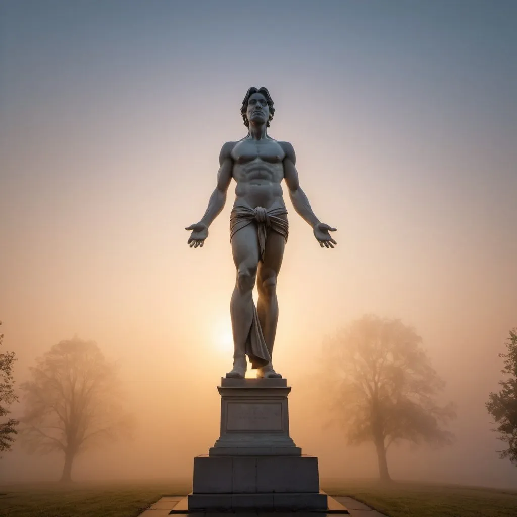 Prompt: guilty statue, overhead golden hour lighting, foggy wide angle view, infinity vanishing point