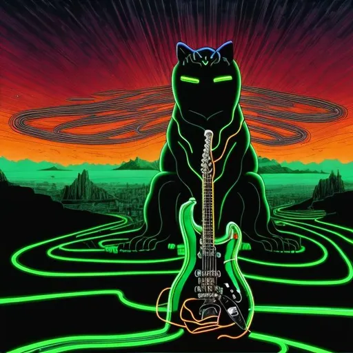 Prompt: giant obsidian statue inlaid with neon green, of a giant cat playing guitar, in the style of Jacek Yerka, wide perspective view, infinity vanishing point