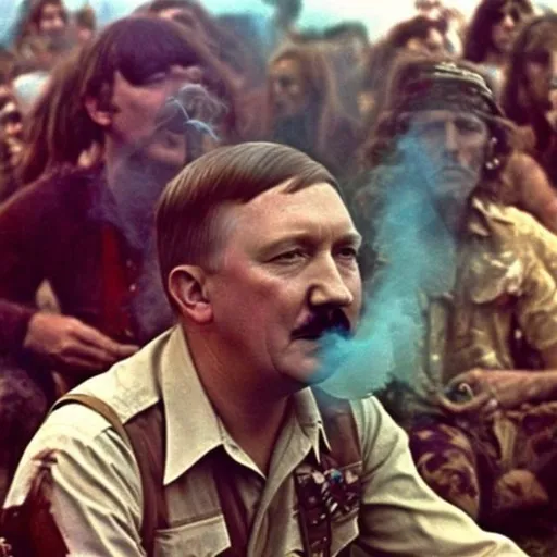 Prompt: hippie adolf hitler is tripping hard on LSD and smoking a hookah at woodstock 1969