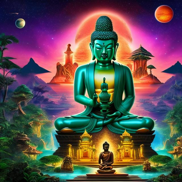 Prompt: widescreen letterbox style image of an emerald bodybuilding buddha playing guitars in front of an exotic alien temple, tropical jungle background, galaxy sky, infinity vanishing point