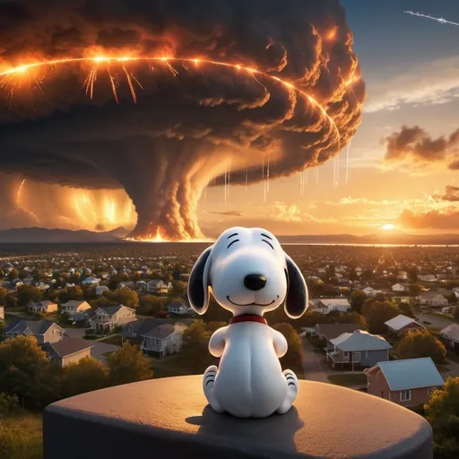 Prompt: (Snoopy watching 1000 falling meteors.) + (100 tornado funnels in the background.) + (Giant tsunami tidal waves approaching.) + (Giant city on fire.) + (Golden hour overhead lighting, extra wide angle view, infinity vanishing point.)
