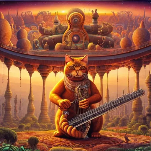 Prompt: panorama widescreen view of a giant cat playing a sitar, infinity vanishing point, in the style of Jacek Yerka
