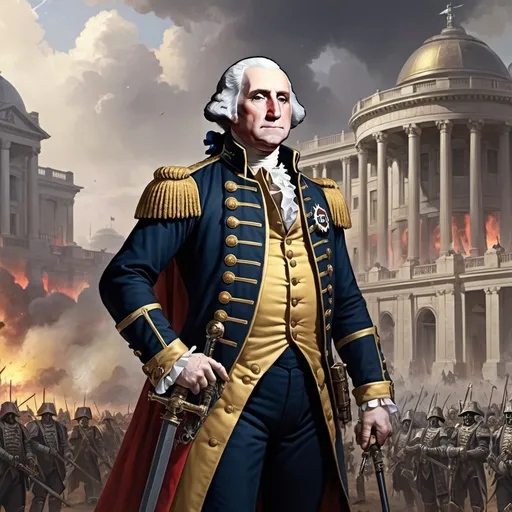 Prompt: george washington is the warhammer emperor, year 40000 AD, wide palace background