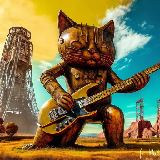 Prompt: giant rust streaked yellow metal statue of a giant cat playing guitar, in the style of Jacek Yerka, widescreen view, infinity vanishing point