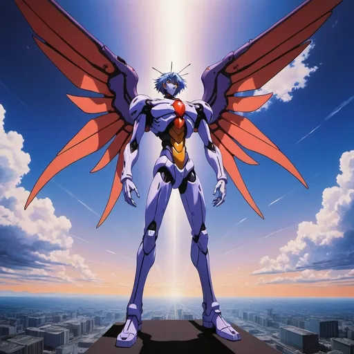 Prompt: giant Sahaquiel the tenth angel from Neon Genesis Evangelion, overhead lighting, wide angle view, surreal background proportions, infinity vanishing point