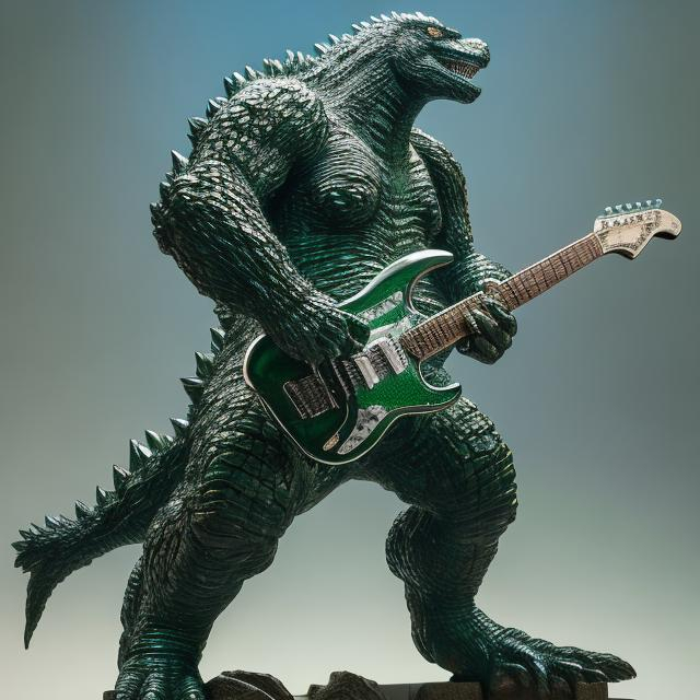 Prompt: ((((godzilla playing guitar) chrome statue inlaid with emeralds) in the style of Michelangelo) infinity vanishing point) wide perspective view