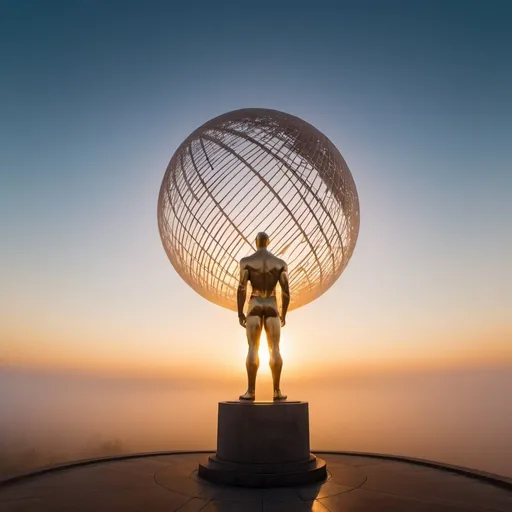 Prompt: guilty planet statue, overhead golden hour lighting, foggy wide angle view, infinity vanishing point