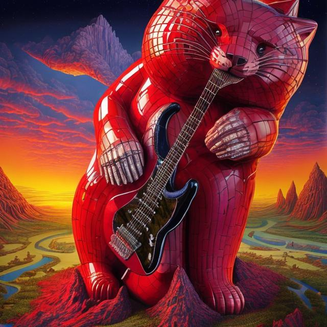 Prompt: giant ruby crystal statue of a giant cat playing guitar, in the style of Jacek Yerka, widescreen view, infinity vanishing point