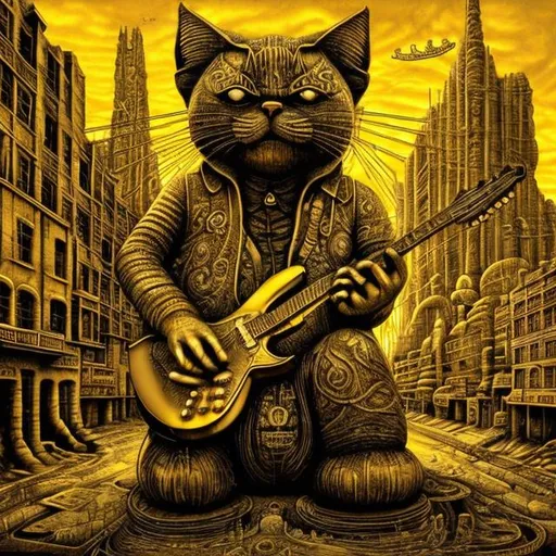 Prompt: giant acid etched gold statue of a giant cat playing guitar, in the style of Jacek Yerka, widescreen view, infinity vanishing point