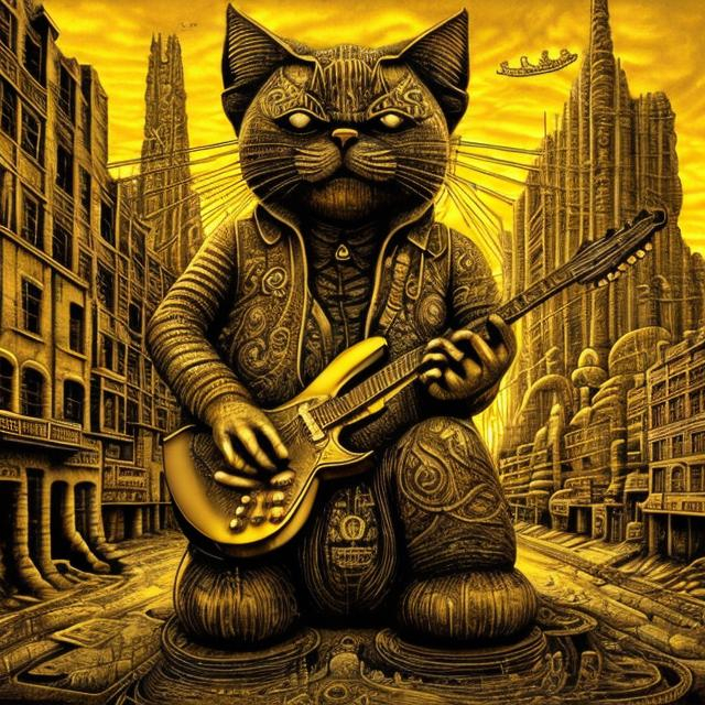 Prompt: giant acid etched gold statue of a giant cat playing guitar, in the style of Jacek Yerka, widescreen view, infinity vanishing point