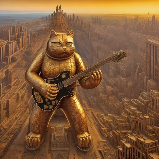 Prompt: giant iron statue damascened with inlaid gold, of a giant cat playing guitar, in the style of Jacek Yerka, wide perspective view, infinity vanishing point