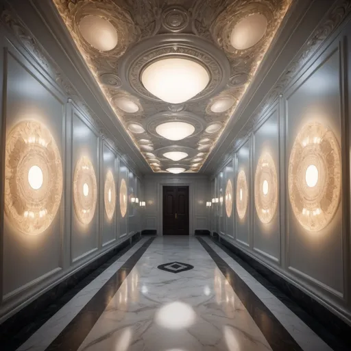 Prompt: surreal AI response, ornately detailed opal onyx bas relief hallway, overhead lighting shadows, wide angle view, infinity vanishing point