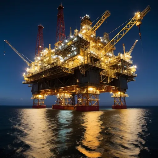 Prompt: oil platform at night, overhead disco lighting, wide angle view, infinity vanishing point