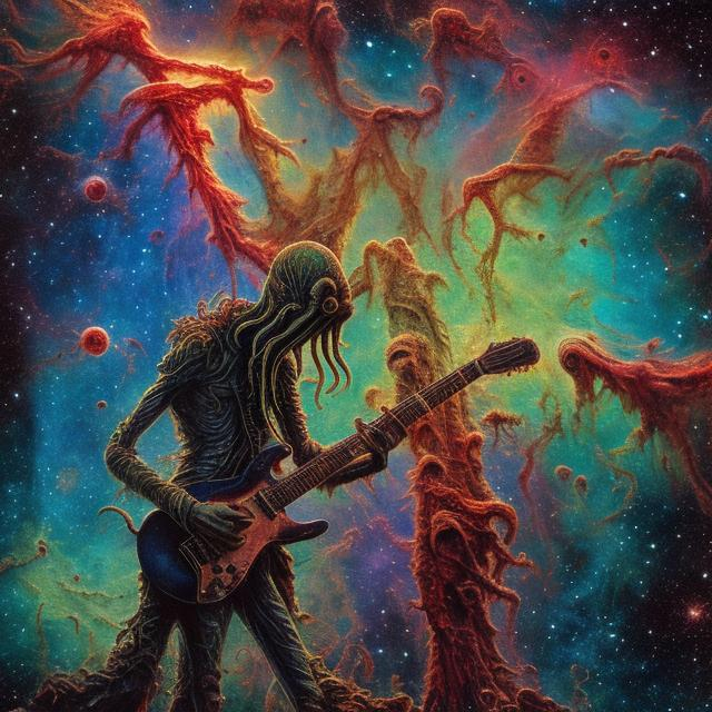 Prompt: anorexic Cthulhu playing guitar on the corner, infinity vanishing point, Pillars of Creation nebula background