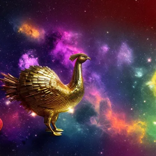 Prompt: panoramic view of a gold turkey, vanishing point perspective, galaxy and nebula background