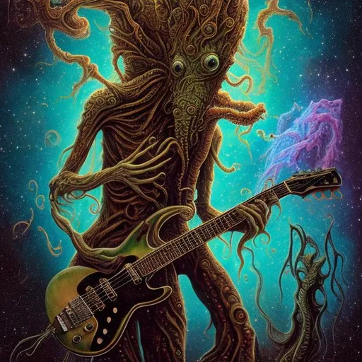 Prompt: anorexic Cthulhu playing guitar on the corner, infinity vanishing point, Pillars of Creation nebula background