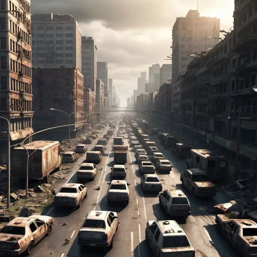 Prompt: infinite rush hour traffic post apocalyptic city