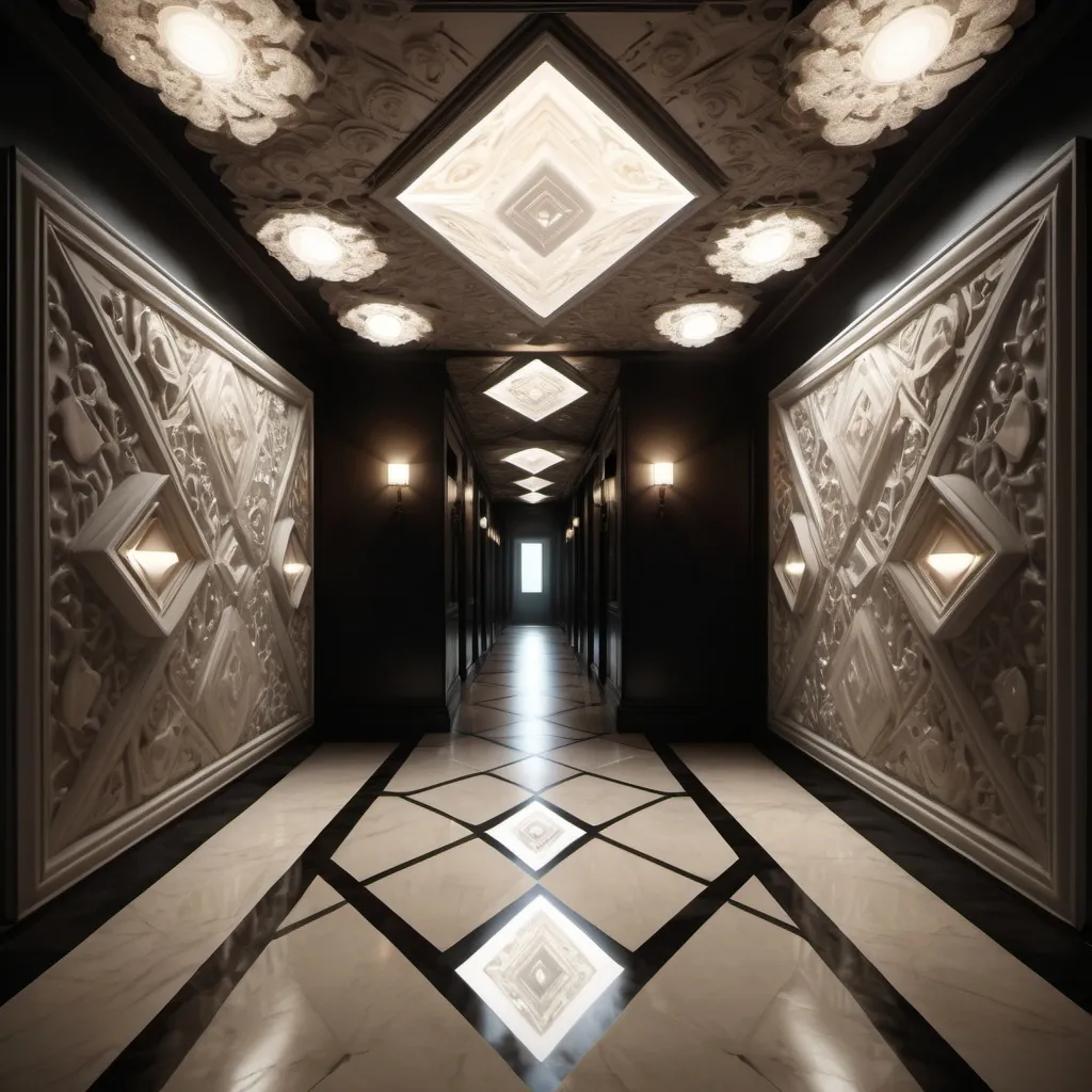 Prompt: surreal AI response, ornately detailed diamond onyx bas relief hallway, overhead lighting shadows, wide angle view, infinity vanishing point