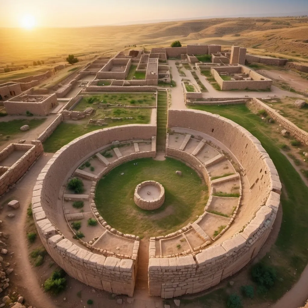 Prompt: ancient city of Göbekli Tepe and lush gardens, overhead golden hour lighting, extra wide angle field of view, infinity vanishing point