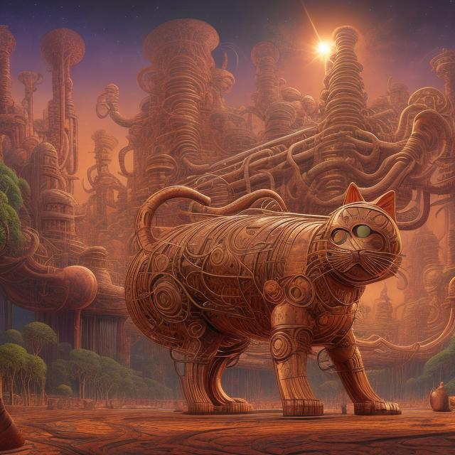 Prompt: panorama widescreen view of a giant copper cat playing a sitar, infinity vanishing point, in the style of Jacek Yerka