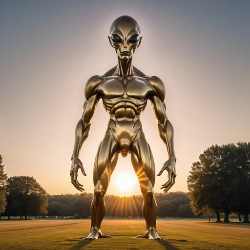 Prompt: strange giant alien statue, overhead golden hour lighting, extra wide angle field of view, infinity vanishing point