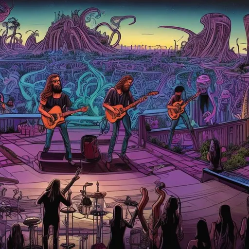 Prompt: wide view of jesus band playing guitars, at an exotic rooftop patio infinity pool, infinity vanishing point, dancing cthulhus background