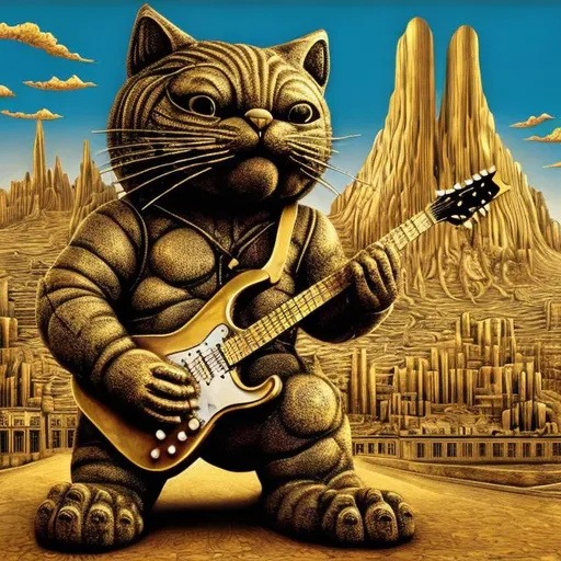 Prompt: giant acid etched gold statue of a giant cat playing guitar, in the style of Jacek Yerka, widescreen view, infinity vanishing point