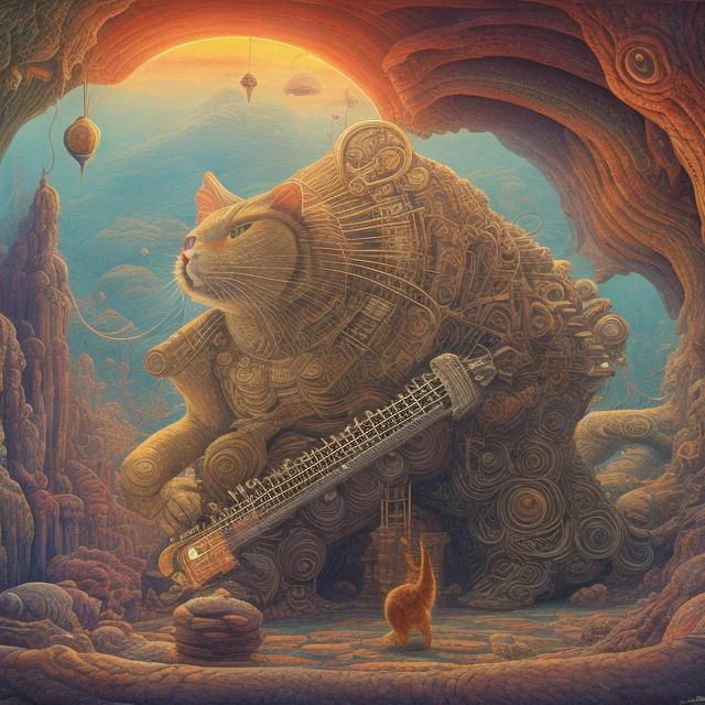 Prompt: giant quartz cat playing a sitar, widescreen view, infinity vanishing point, in the style of Jacek Yerka