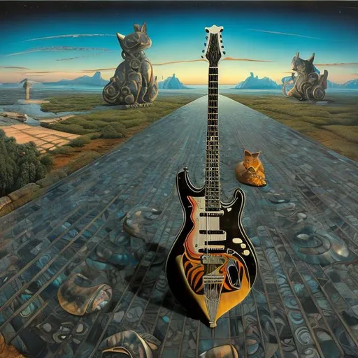 Prompt: ((((giant cat playing guitar) ebony statue inlaid with abalone shell) in the style of Jacek Yerka) wide perspective view) infinity vanishing point