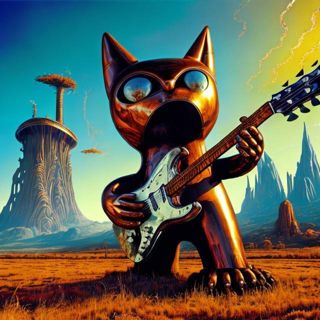 Prompt: giant rust streaked chrome statue of a giant cat playing guitar, in the style of Jacek Yerka, widescreen view, infinity vanishing point