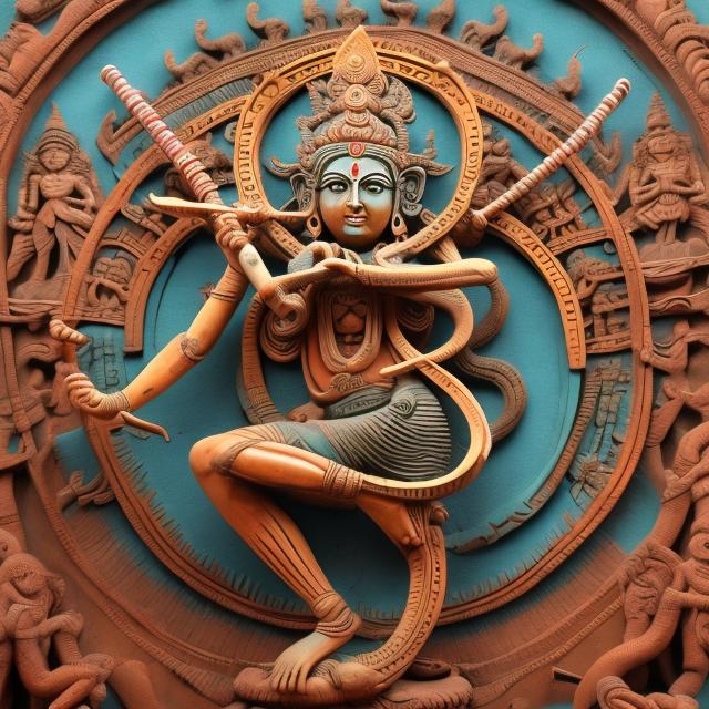 Prompt: giant dancing Nataraja statue holding many swords, landscape background