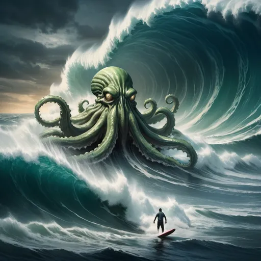 Prompt: giant Cthulu surfing the largest giant tsunami wave, Deepwater Horizon in foreground, overhead lighting, wide angle view, surreal background proportions, infinity vanishing point