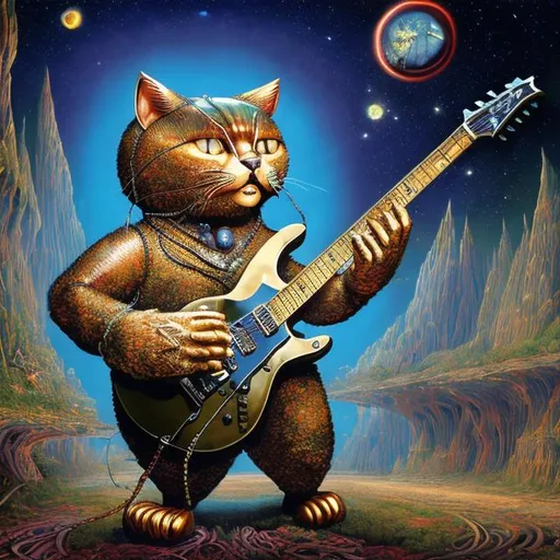 Prompt: giant sapphire metal cat playing a guitar, widescreen view, infinity vanishing point, in the style of Jacek Yerka