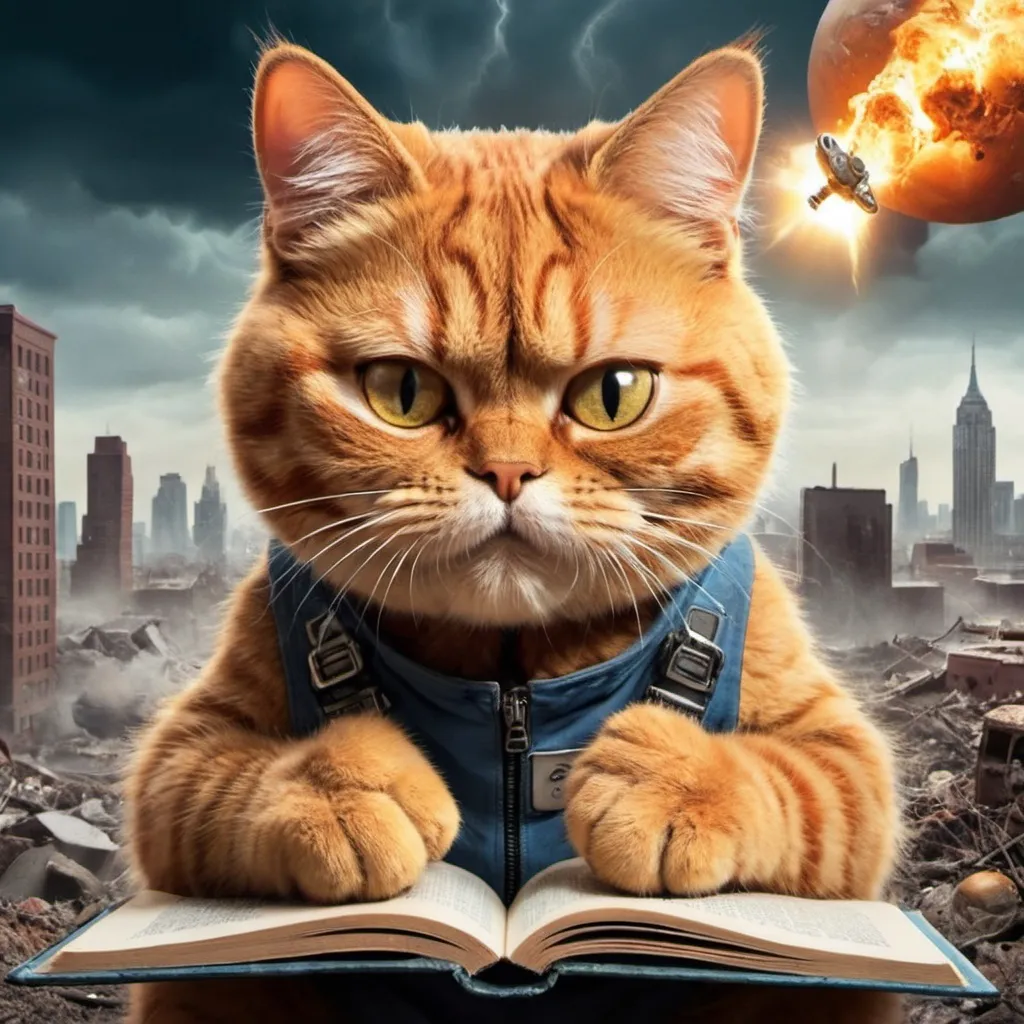 Prompt: Garfield the Cat Saves The World, apocalyptic-science-fiction, surreal style, book cover