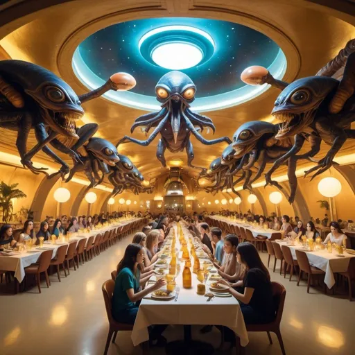 Prompt: giant exotic dining hall occupied with bizarre aliens, food and drinks, overhead golden lighting, wide angle view, infinity vanishing point