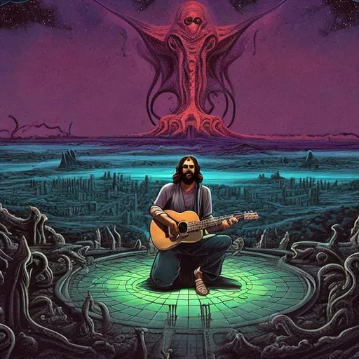 Prompt: wide view, jesus playing guitar in front of a patio grill, infinity vanishing point, Cthulhu nebula background