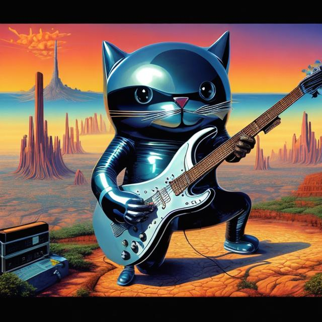 Prompt: giant chrome cat playing a guitar, widescreen view, infinity vanishing point, in the style of Jacek Yerka