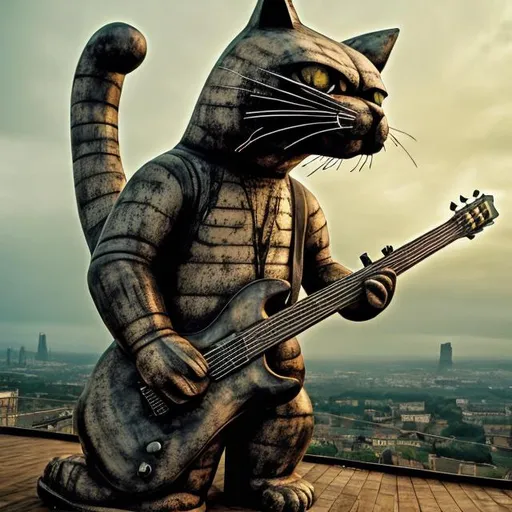 Prompt: giant acid etched steel statue of a giant cat playing guitar, in the style of Jacek Yerka, widescreen view, infinity vanishing point