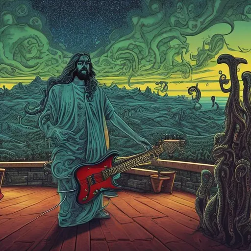 Prompt: wide view, jesus band playing guitars at a patio barbeque grill, infinity vanishing point, Cthulhu nebula background